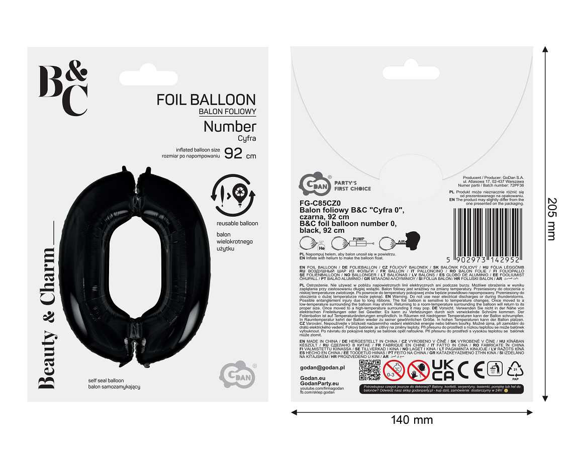 Foil balloon B&C digit 0, black, 92 cm